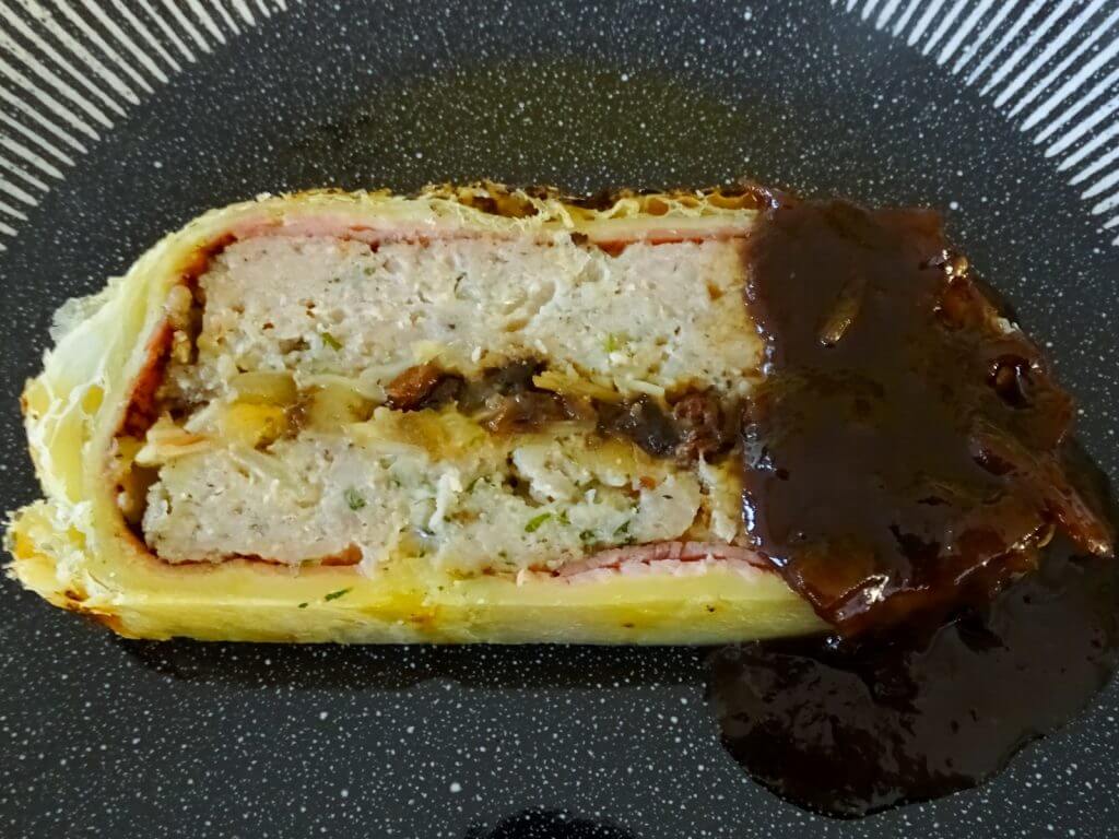 black garlic pork & puff pastry slice