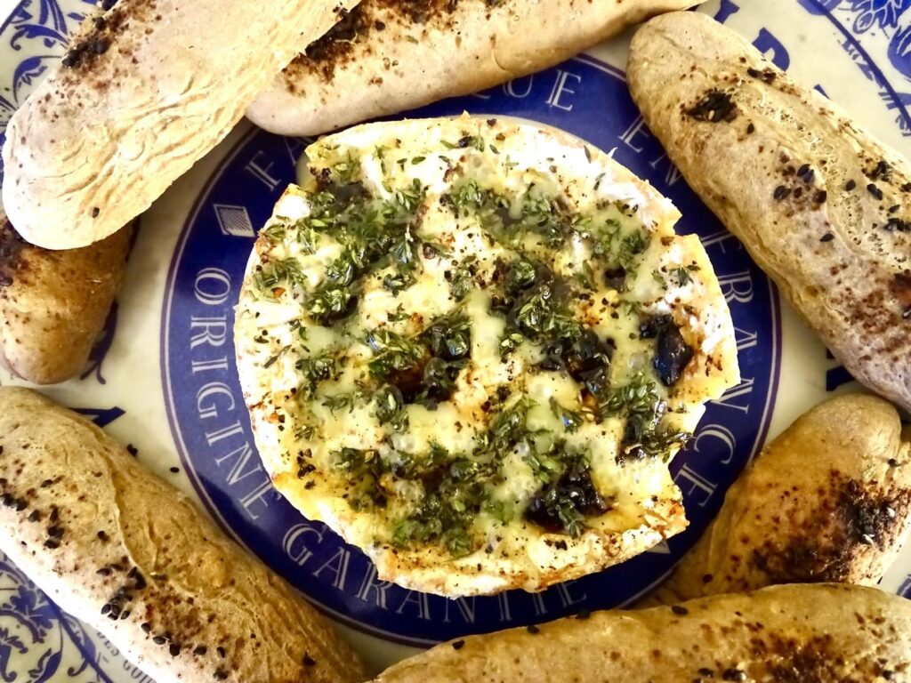 black garlic baked camembert