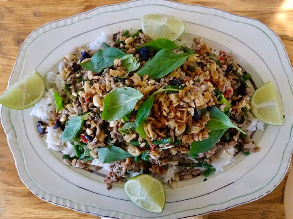 black garlic pork larb