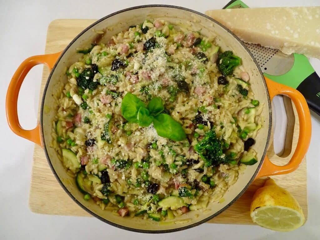 black garlic pancetta and vegetable orzotto