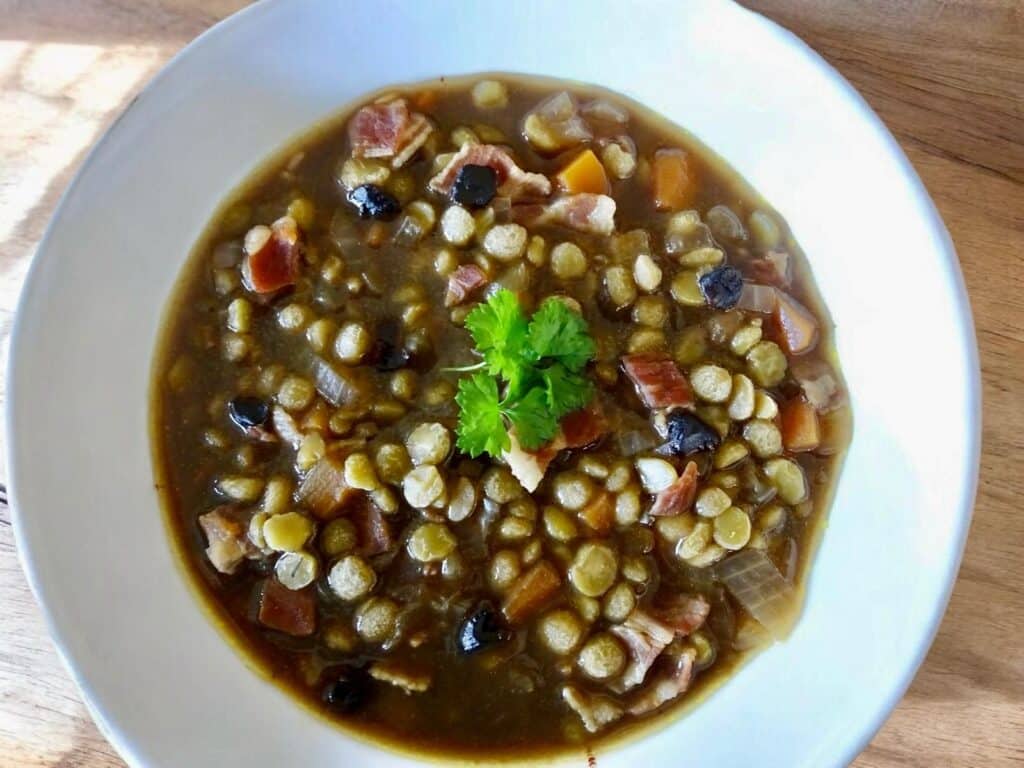 black garlic pea and bacon soup